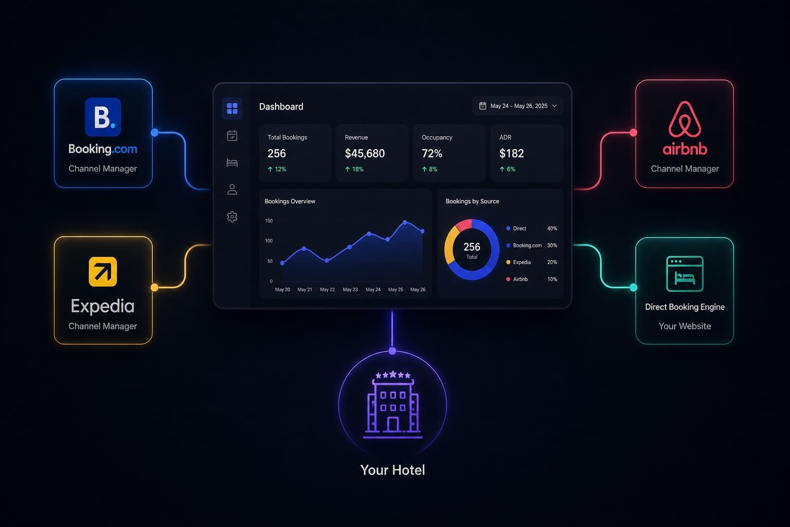An abstract graphic showing a central dashboard connected to icons of Booking.com, Expedia, Airbnb, and a direct booking engine, illustrating a unified channel management system.