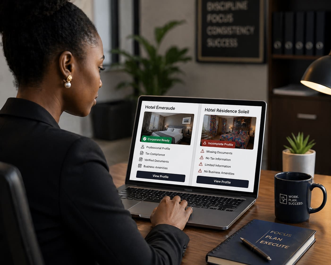 A professional woman at a desk studies two hotel profiles on her laptop; one has a 'Corporate Ready' tag, the other appears incomplete.