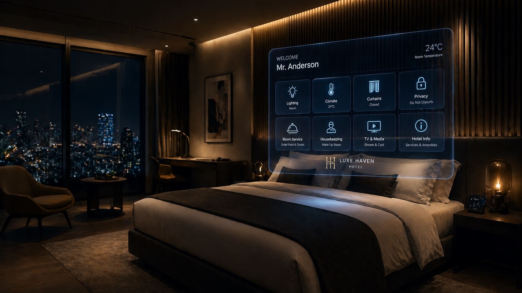 A futuristic hotel room at night with a translucent holographic display floating above the bed, showing guest controls like check‑in and room service.