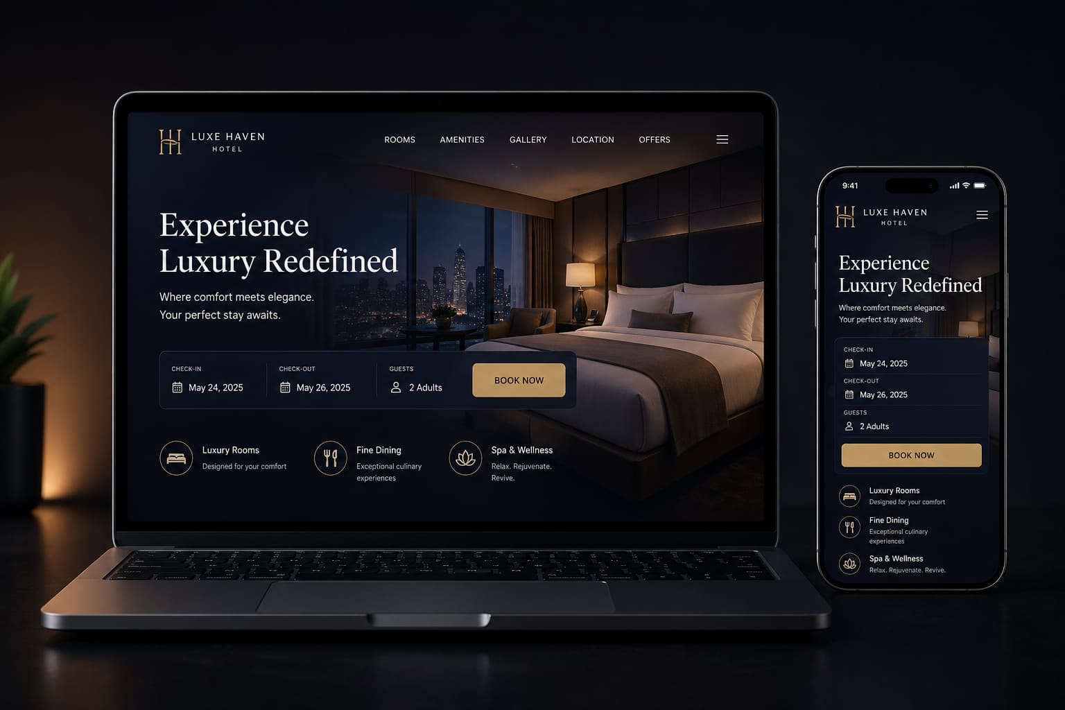 A laptop and smartphone display a modern hotel booking website with a prominent 'Book Now' button, highlighting mobile responsiveness.
