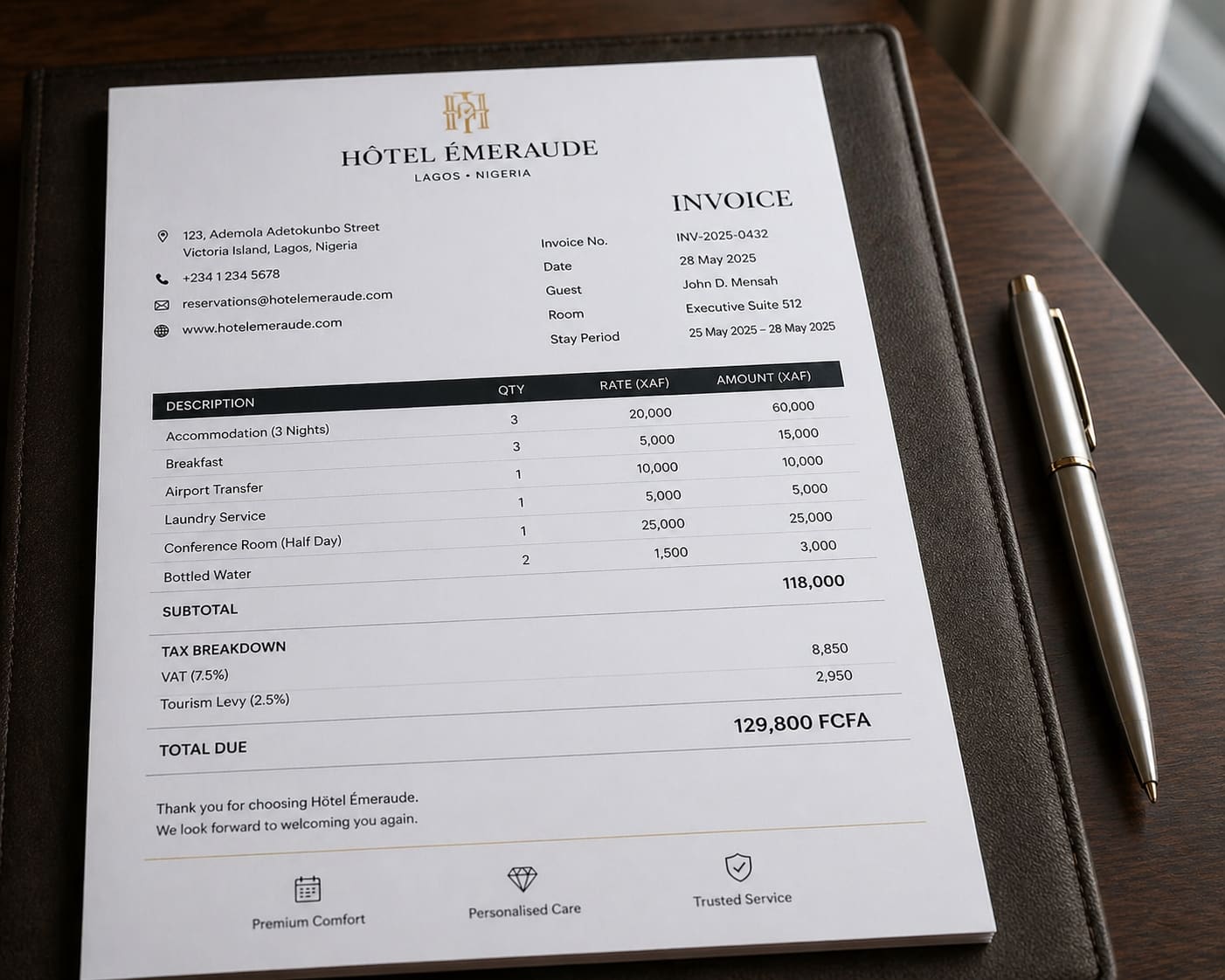 A close‑up of a meticulously detailed hotel invoice with a company name clearly printed, a tax breakdown, and a silver pen resting beside it.