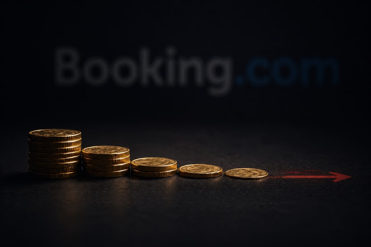 A stack of gold coins on a dark surface, with a faint red arrow pointing away, symbolizing the portion of revenue lost to OTA commissions.