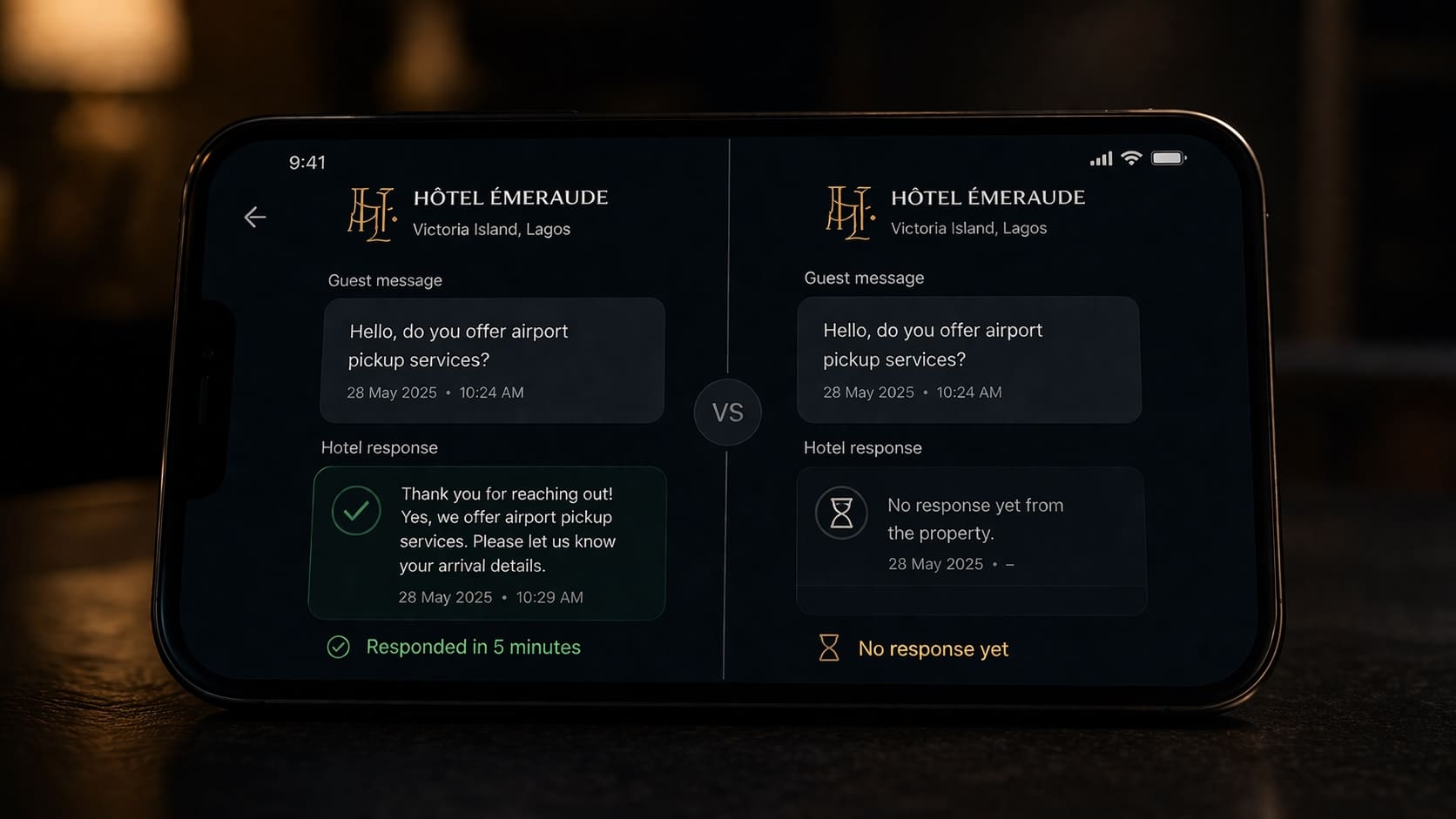 A smartphone screen split in two: on one side a hotel message with a green checkmark 'Responded in 5 minutes', on the other an hourglass and 'No response yet'.