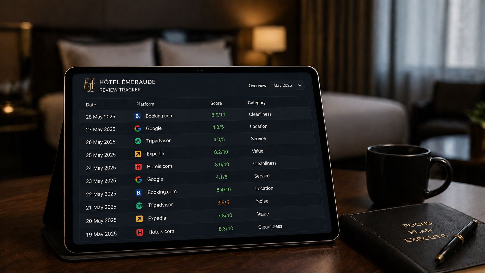 A tablet lies on a desk displaying a clean spreadsheet with columns labeled Date, Platform, Score, and Category for tracking hotel reviews.