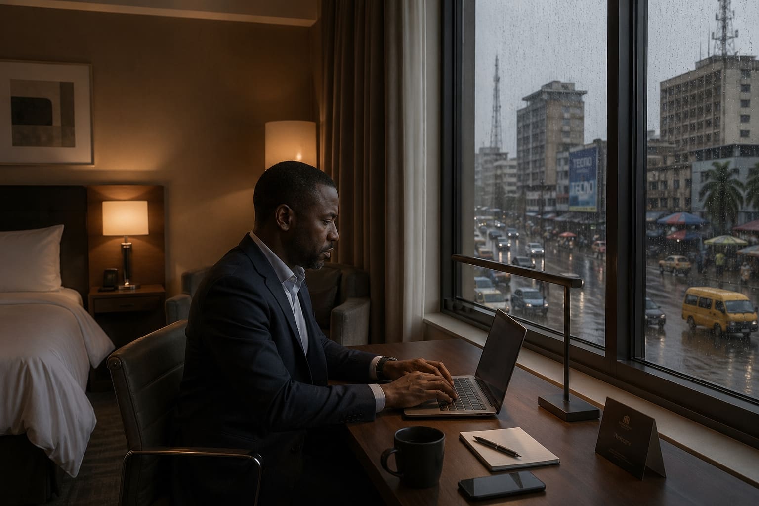 A business traveler sits at a desk in a cozy hotel room, working on a laptop while rain streaks down the window overlooking a West African city.