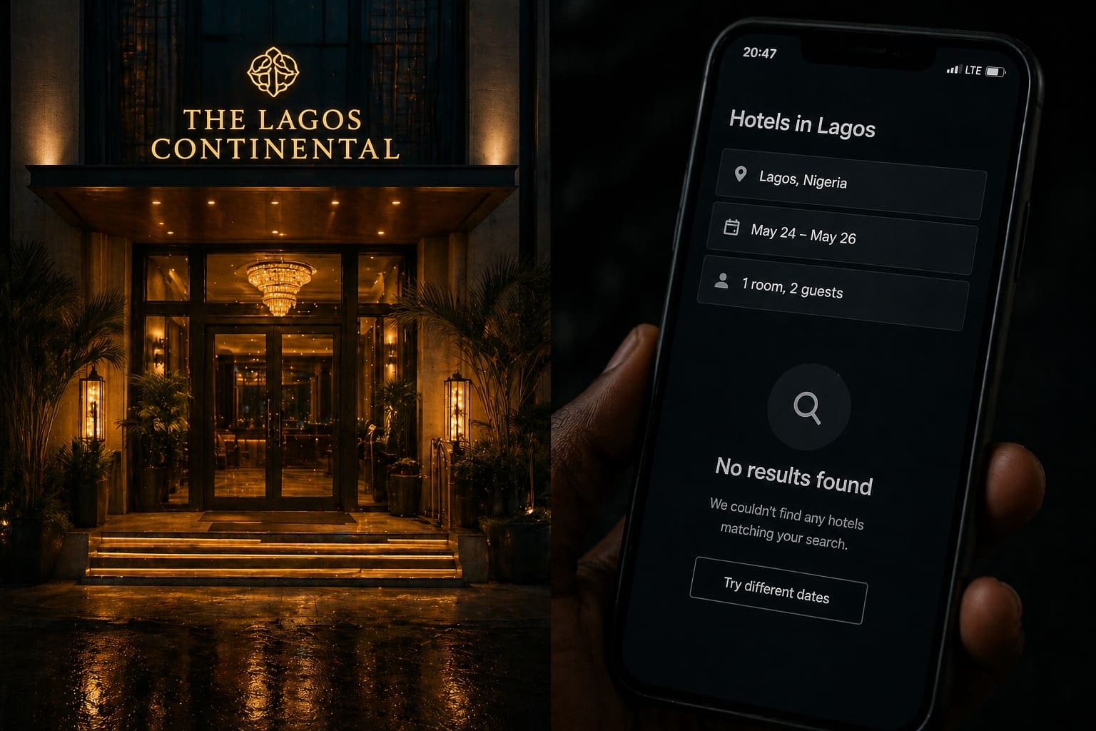 A side‑by‑side view: a bright, welcoming West African hotel entrance contrasts with a smartphone screen showing no search results for nearby accommodation